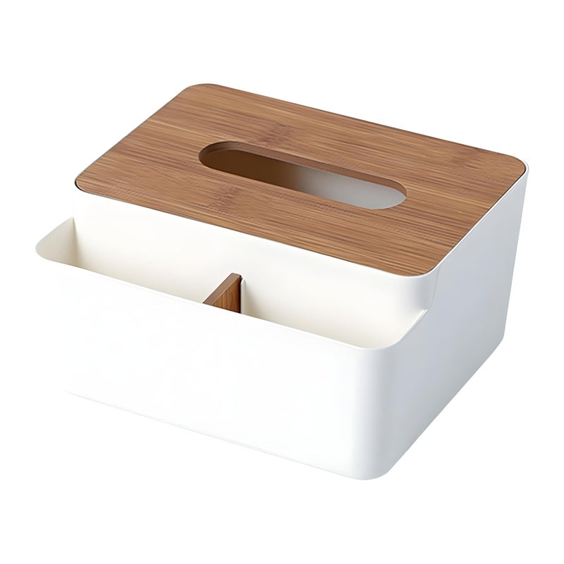 Jinila Square Shape Wooden Cover Plastic Tissue Paper Holder with 2 Compartment Multi-Functional Desk Organizer Remote, Pen & Pencil Stationery Storage Stand (Pack of 1, White) - Image 1