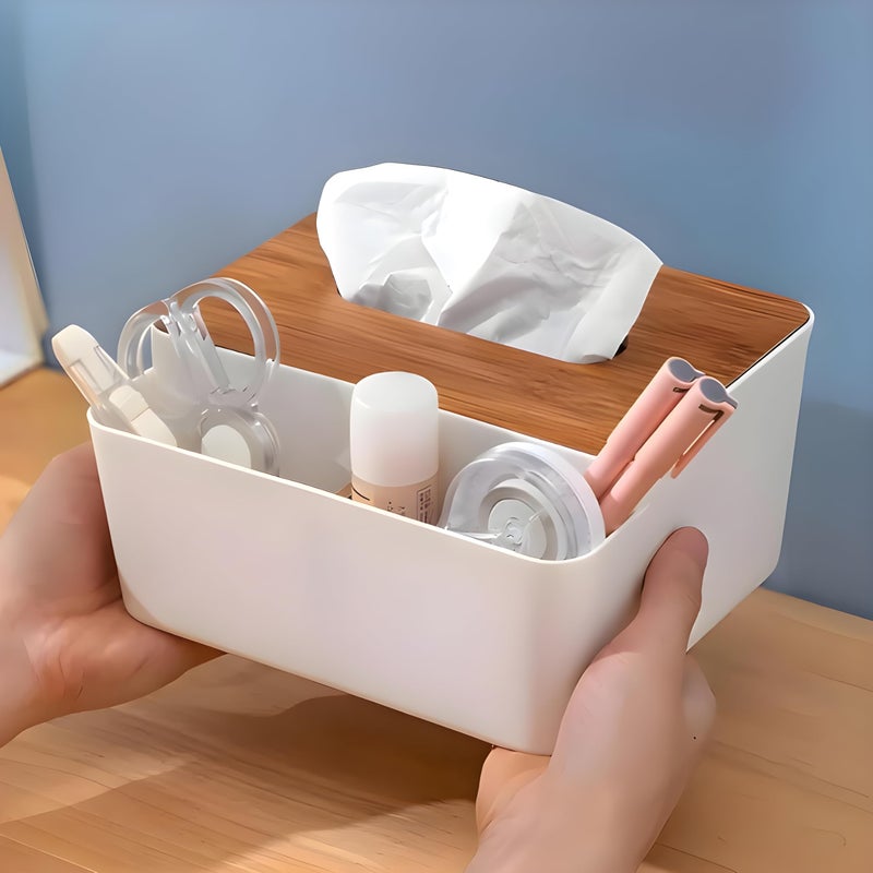 Jinila Square Shape Wooden Cover Plastic Tissue Paper Holder with 2 Compartment Multi-Functional Desk Organizer Remote, Pen & Pencil Stationery Storage Stand (Pack of 1, White) - Image 4