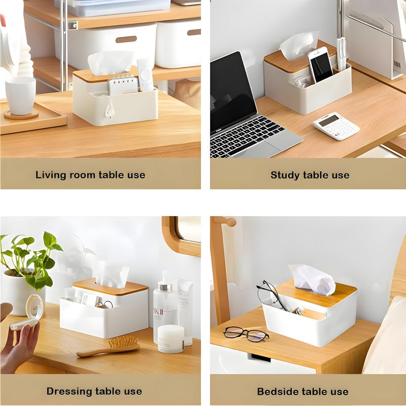 Jinila Square Shape Wooden Cover Plastic Tissue Paper Holder with 2 Compartment Multi-Functional Desk Organizer Remote, Pen & Pencil Stationery Storage Stand (Pack of 1, White) - Image 5