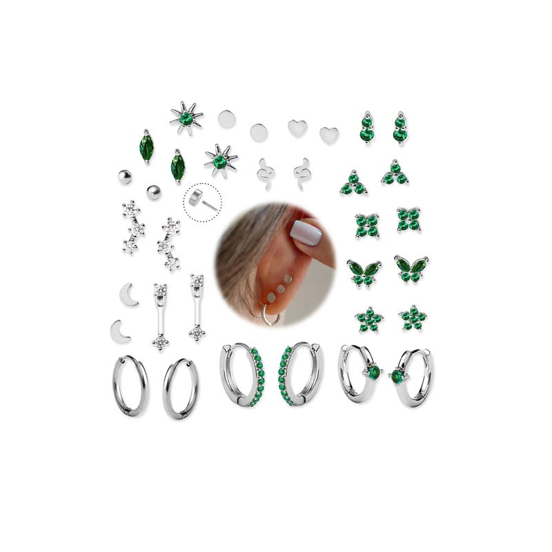 KRFY Flat Back Stud Earrings - 17 Pairs Silver Color Surgical Steel Stud Earrings For Women Hypoallergenic Hoop Earrings Tiny Screw Back Cartilage Earring Set For Multiple Piercing - Image 1