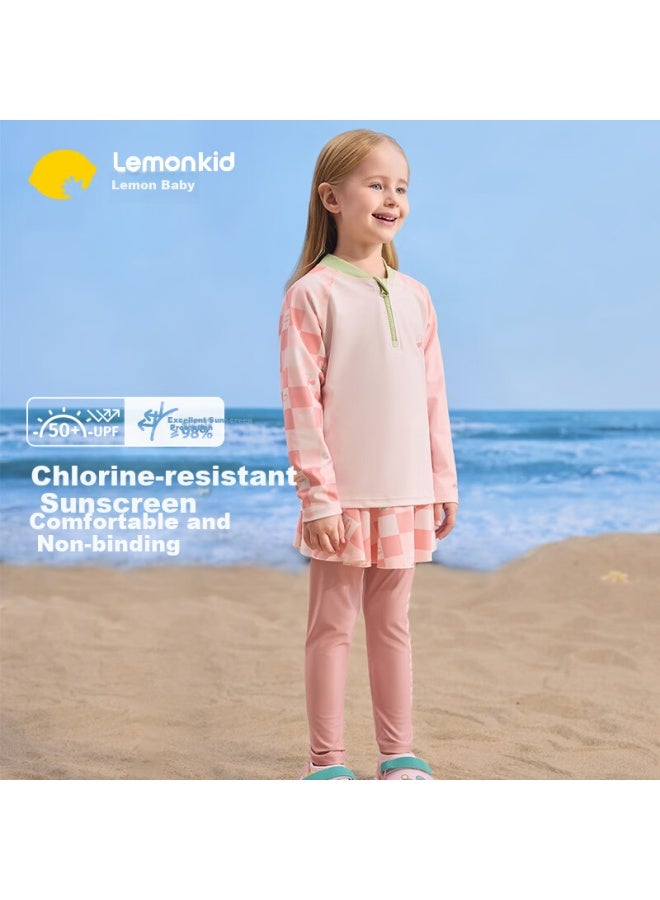 Lemonkid بدلة سباحة أطفال بأكمام طويلة وسراويل طويلة من النوع المنفصل واقية من الشمس للرضع ضباب خفيف وردي زهري 130 - Image 1