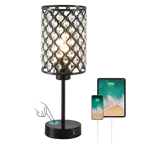 GyroVu Crystal Table Lamp Black Lamp for Bedroom Nightstand with USB CA Ports Dimmable Touch Lamp with Crystal Shade Bedside Lamp Small Lamp for Bedroom Living Room Office Bulb Included - Image 1