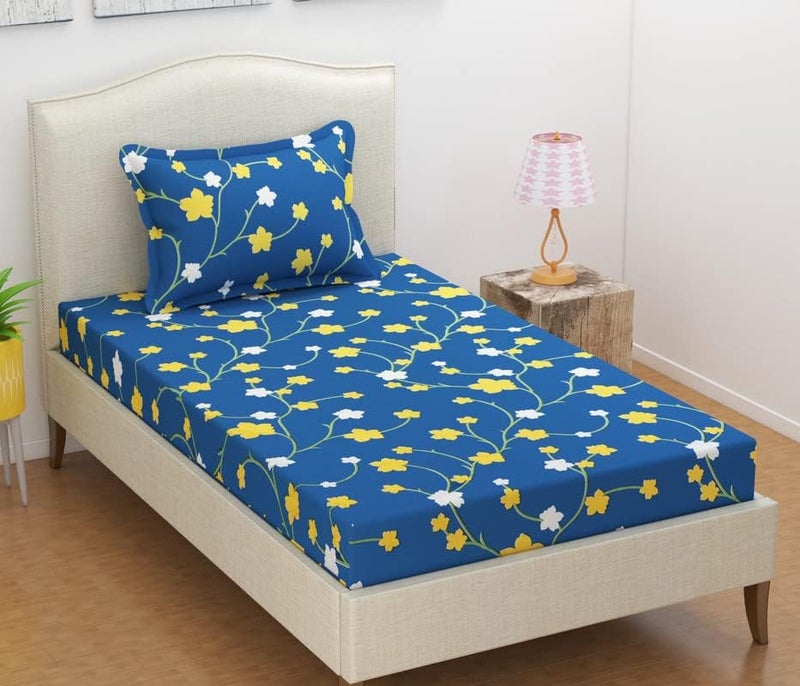 BSB بي إس بي هوم مجموعة سرير مفرد من قطن جلاسيه الفاخر بتصميم عصري مزخرف بالأزهار - غطاء وسادة واحد - أزرق وأبيض وأصفر ورقة - Image 2