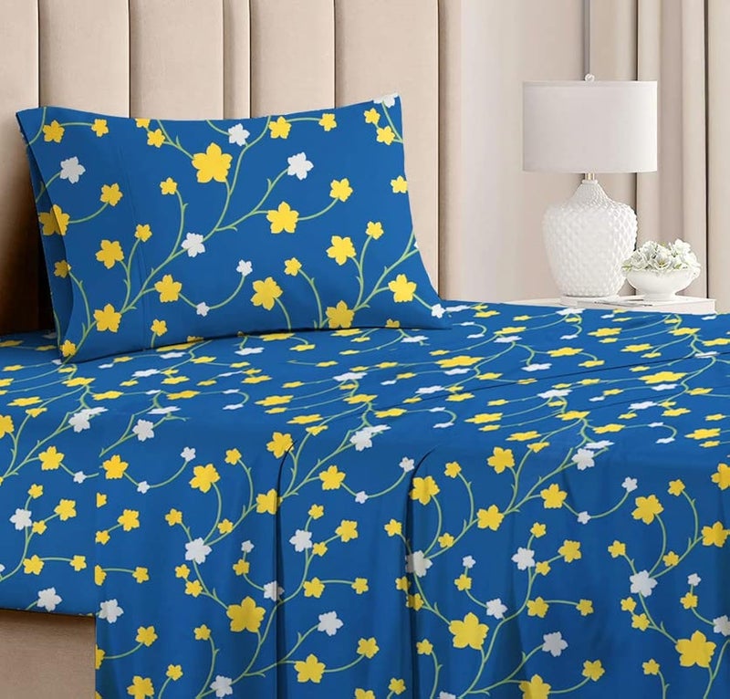BSB بي إس بي هوم مجموعة سرير مفرد من قطن جلاسيه الفاخر بتصميم عصري مزخرف بالأزهار - غطاء وسادة واحد - أزرق وأبيض وأصفر ورقة - Image 1