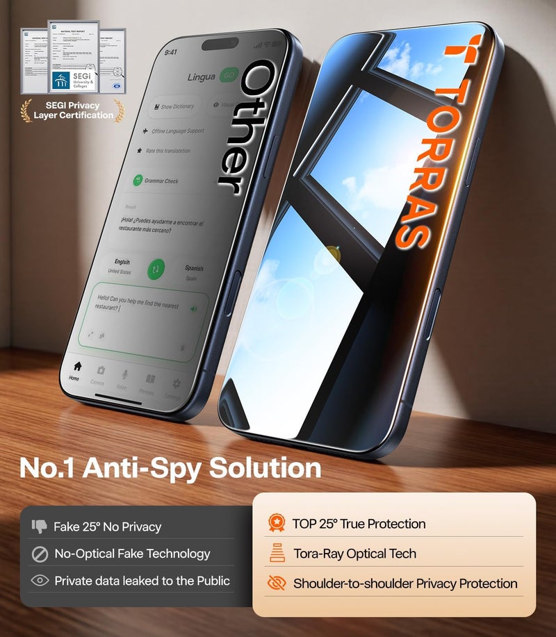 TORRAS GlassGo Privacy Original for iPhone 17 Pro Privacy Screen Protector [25° Anti-Spy] [12Ft Shatterproof] 9H+ Aerospace for iPhone 17 Pro Tempered Glass Full Coverage 6.3" 2-Pack - Image 3