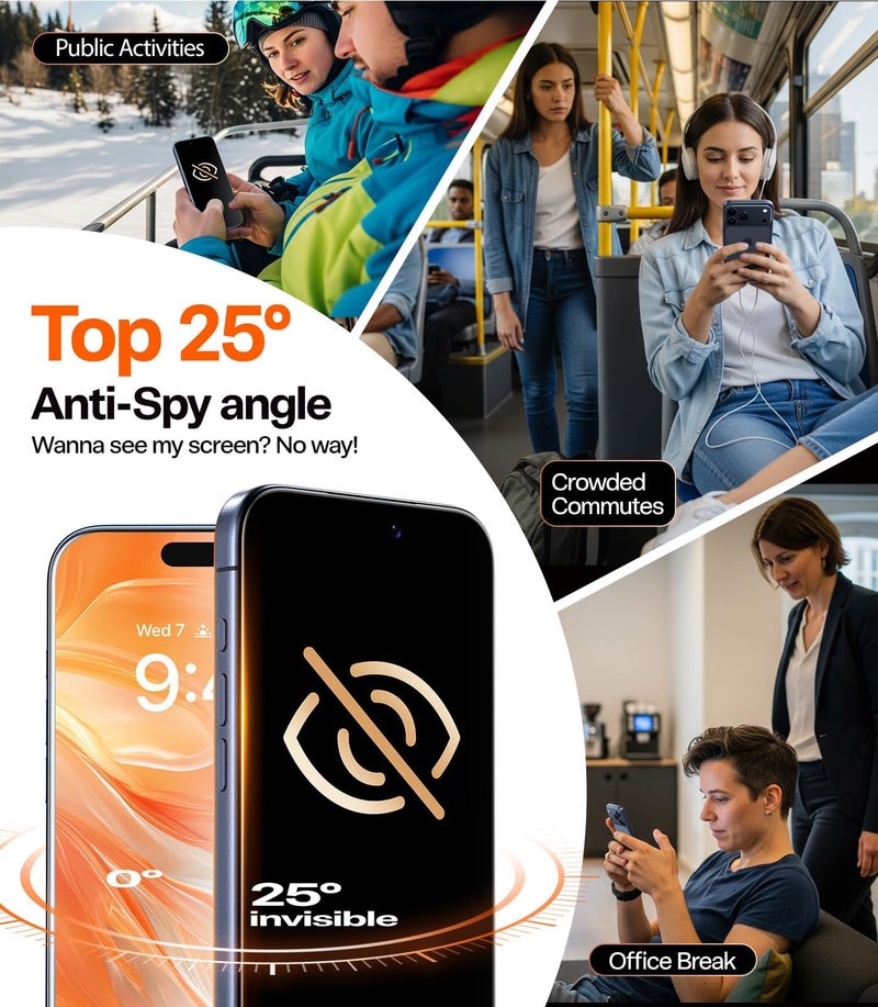 TORRAS GlassGo Privacy Original for iPhone 17 Pro Privacy Screen Protector [25° Anti-Spy] [12Ft Shatterproof] 9H+ Aerospace for iPhone 17 Pro Tempered Glass Full Coverage 6.3" 2-Pack - Image 4
