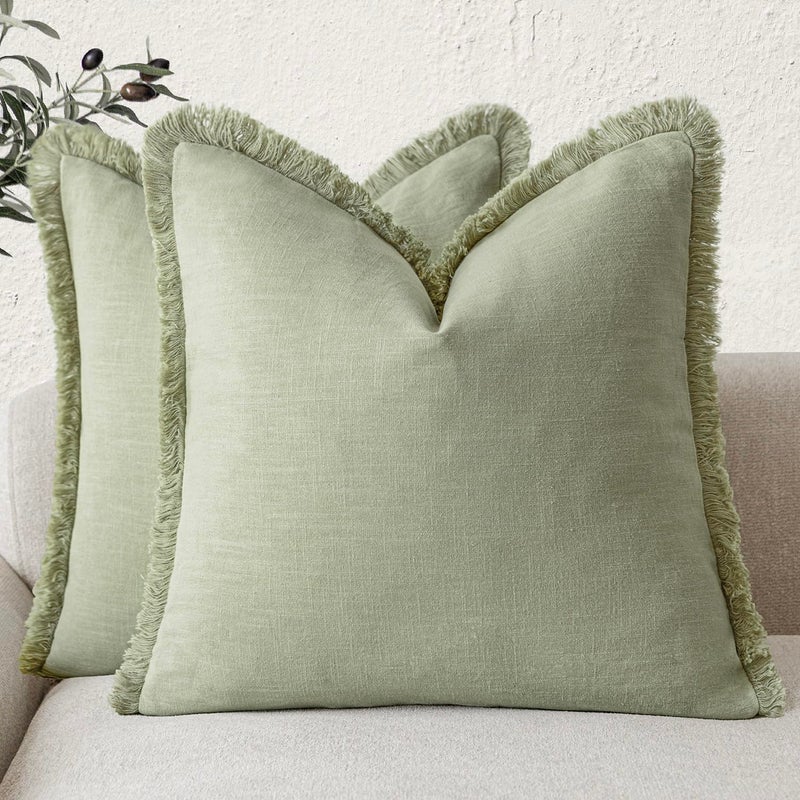 Foindtower Set of 2 Decorative Fringe Throw Pillow Covers Boho Farmhouse Cushion Cover with Tassels Soft Accent Pillowcase for Couch Sofa Bed Living Room Home Decor,20Ã—20 Inch,Light Sage Green - Image 1