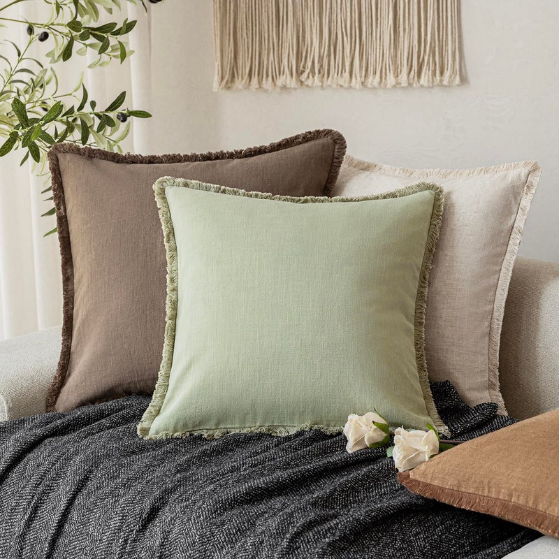 Foindtower Set of 2 Decorative Fringe Throw Pillow Covers Boho Farmhouse Cushion Cover with Tassels Soft Accent Pillowcase for Couch Sofa Bed Living Room Home Decor,20Ã—20 Inch,Light Sage Green - Image 5