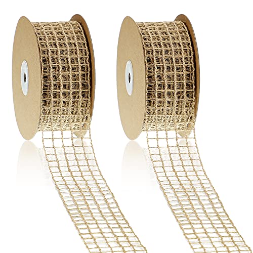 Mtlee 2 Rolls Mesh Burlap Wired Ribbon Open Weave Burlap Net Ribbon Fabric DIY Craft for Wrapping Bow Wreath Party DIY Crafts Home Decor(20 Yards x 2 Inch,5 Square Grids) - Image 1