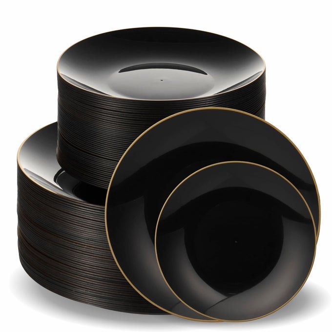 100 PCS DISPOSABLE PLASTIC BLACK PLATES COMBO 50 75 IN GOLD RIM APPETIZERDESSERT PLASTIC PLATES AND 50 10 IN GOLD RIM PLASTIC DINNER PLATES HEAVY DUTY PLATES FOR WEDDING PARTIES OR CATERING