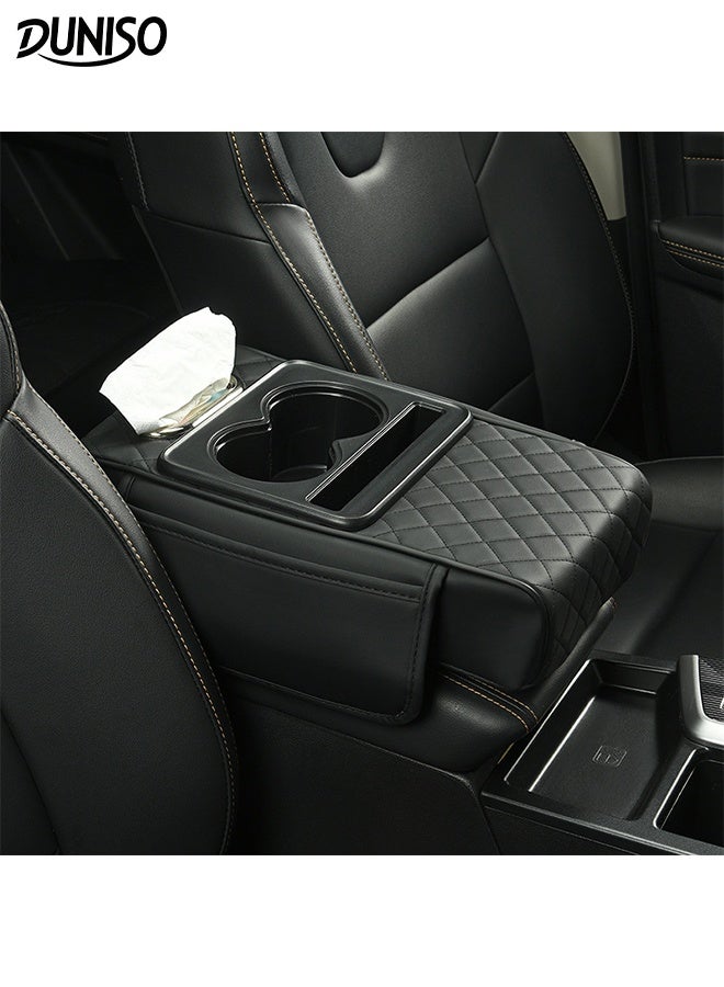 Car Center Console Cover Protector with Side Pockets Multifunctional Car Armrest Cover Cushion 3in1 Car Tissue Box Cup Holder Auto Center Console Armrest Pillow Comfortable Car Armrest Pads with Storage Grid for Most Vehicles, SUVs, Trucks, Cars