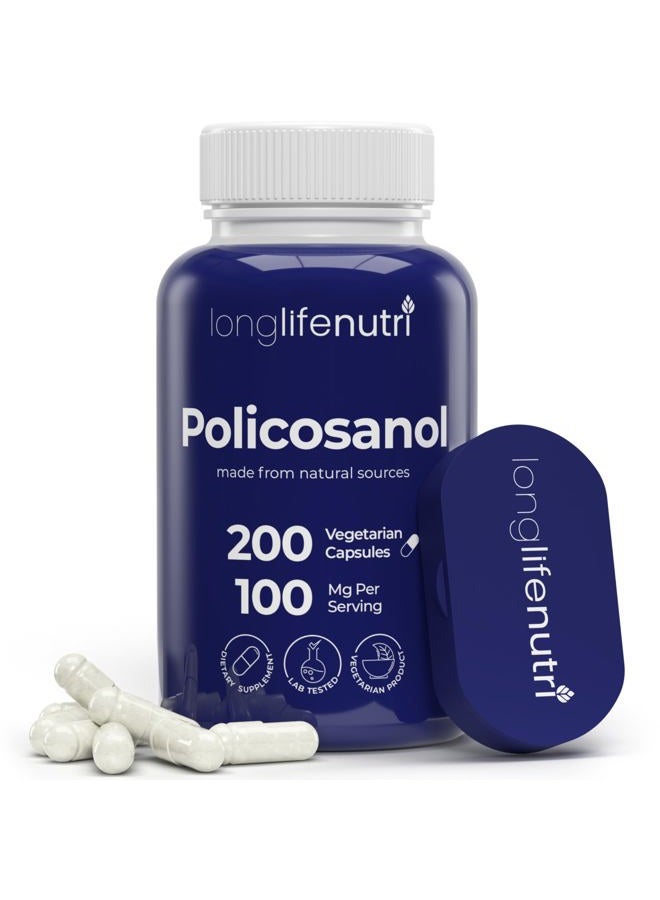 LongLifeNutri Policosanol 100mg - 200 Vegetarian Capsules, Natural Sugar Cane Supplement for Balanced Cholesterol, 3-Month Supply, Non-GMO, Lab Tested, Made in USA - Image 1