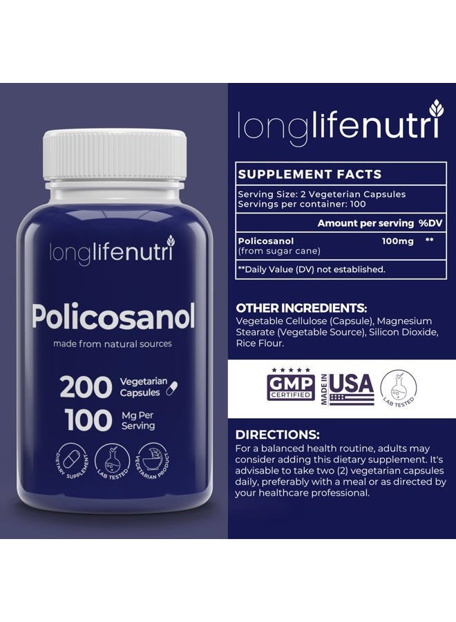 LongLifeNutri Policosanol 100mg - 200 Vegetarian Capsules, Natural Sugar Cane Supplement for Balanced Cholesterol, 3-Month Supply, Non-GMO, Lab Tested, Made in USA - Image 2