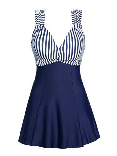 MiYang Women's One Piece High Waist Padded Swim Dress, Dark Blue Stripe, Tag Size 4XL=XL (US 16-18) - Image 1