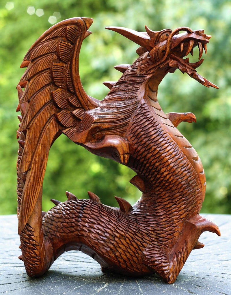 G6 Collection Hand Carved Wooden Dragon Statue, Winged Dragon Figurine Sculpture for Shelf, Mantel or Office, Mythical Creature Home Décor (8.5" Tall) - Image 3