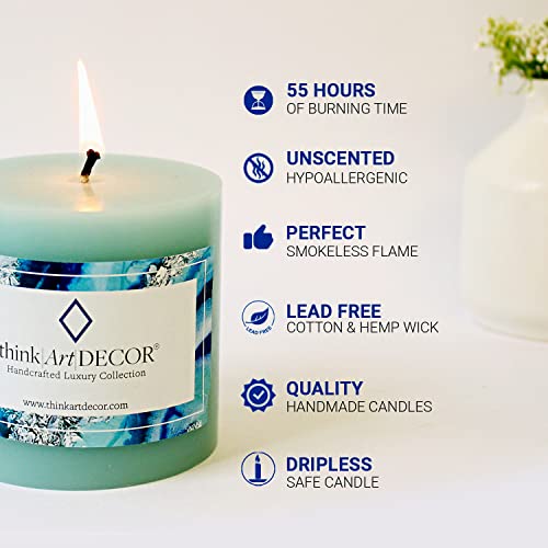 ThinkArtDecor Unscented Pillar Candles Set of 3 | 55 Hrs Each | 3X3 inch Smokeless & Dripless Wax Candles for Home Decor | Turquoise - Image 4