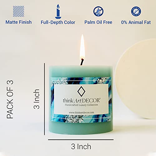 ThinkArtDecor Unscented Pillar Candles Set of 3 | 55 Hrs Each | 3X3 inch Smokeless & Dripless Wax Candles for Home Decor | Turquoise - Image 3