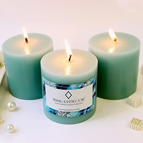 ThinkArtDecor Unscented Pillar Candles Set of 3 | 55 Hrs Each | 3X3 inch Smokeless & Dripless Wax Candles for Home Decor | Turquoise - Image 1