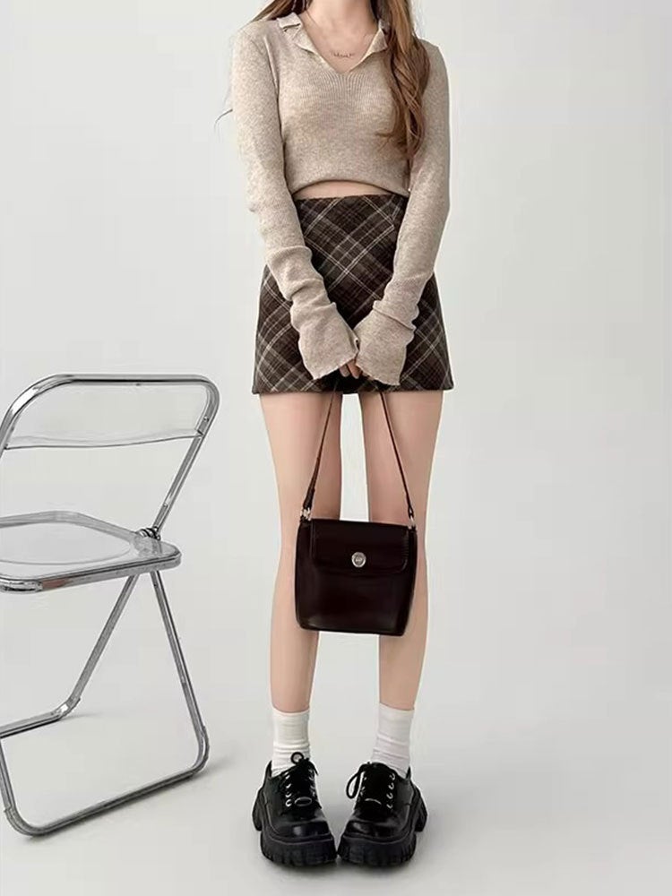 Small Plaid Woolen A- Line Skirt Women'S Autumn Plus Size Chubby Girl High Waist Slim Arm Skirt - Image 5