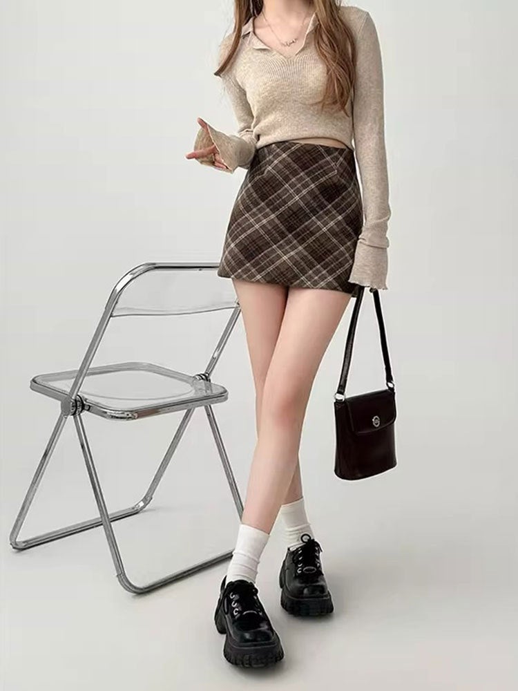 Small Plaid Woolen A- Line Skirt Women'S Autumn Plus Size Chubby Girl High Waist Slim Arm Skirt - Image 3