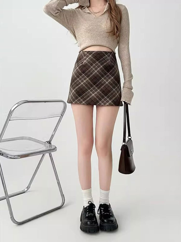 Small Plaid Woolen A- Line Skirt Women'S Autumn Plus Size Chubby Girl High Waist Slim Arm Skirt - Image 4
