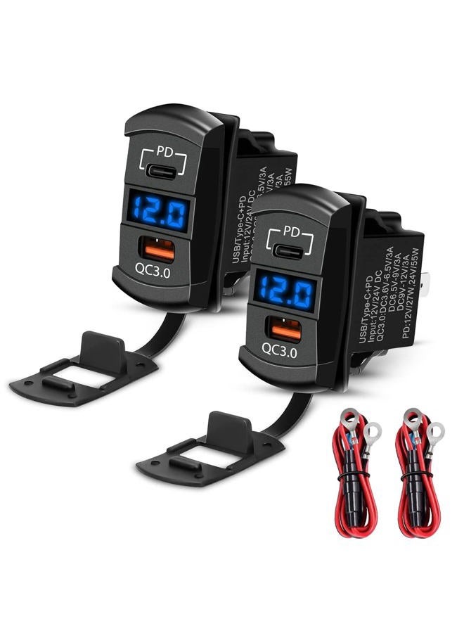 Linkstyle 2PCS 12V USB Outlet, 55W PD USB-C Port & 36W QC3.0 USB-A Port Charger Socket, LED Digital Voltmeter, for Car Marine - Image 1