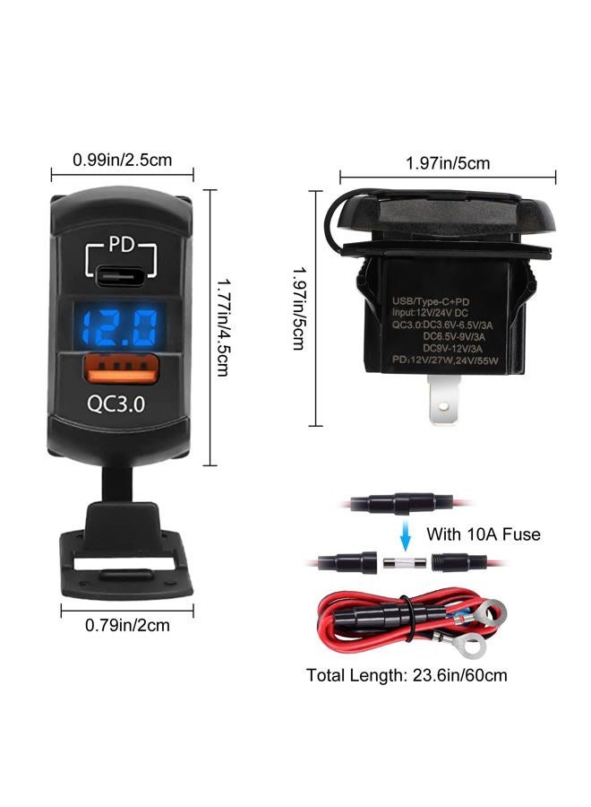 Linkstyle 2PCS 12V USB Outlet, 55W PD USB-C Port & 36W QC3.0 USB-A Port Charger Socket, LED Digital Voltmeter, for Car Marine - Image 5