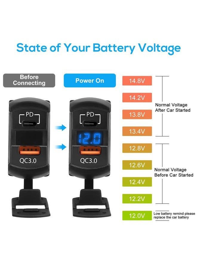 Linkstyle 2PCS 12V USB Outlet, 55W PD USB-C Port & 36W QC3.0 USB-A Port Charger Socket, LED Digital Voltmeter, for Car Marine - Image 3