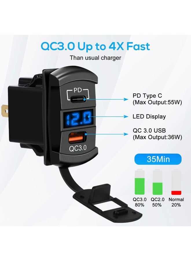 Linkstyle 2PCS 12V USB Outlet, 55W PD USB-C Port & 36W QC3.0 USB-A Port Charger Socket, LED Digital Voltmeter, for Car Marine - Image 2