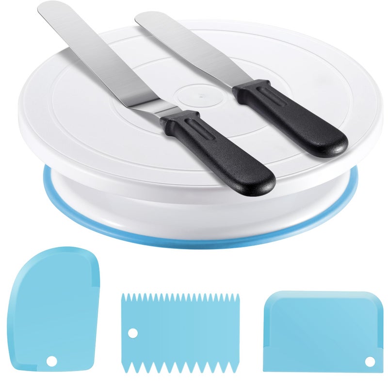 Kootek Cake Decorating Kit Baking Supplies Cake Turntable with 2 Frosting Straight Angled Spatula 3 Icing Smoother Scrapers Baking Accessories Tools for Beginners and Pros Blue
