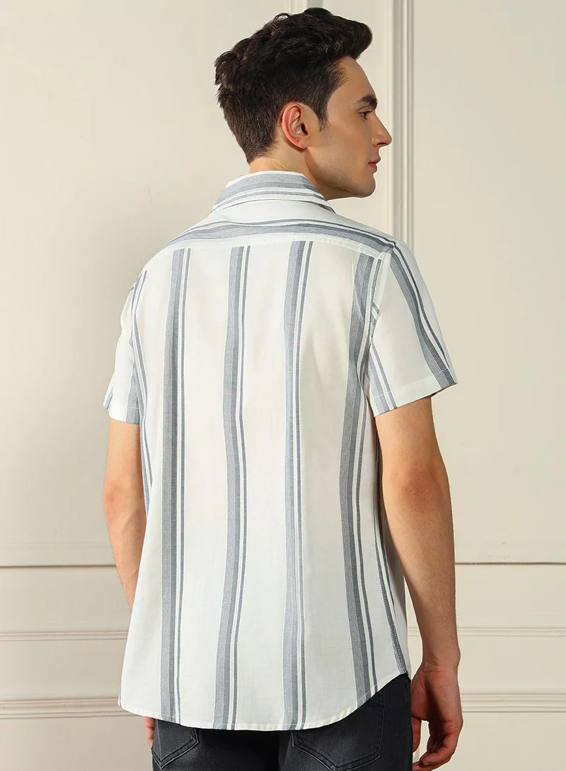 Dennis Lingo Relaxed Fit White Shirt For Men 40X40 Yd Striped Fabric Cuban Collar Half Sleeves Casual