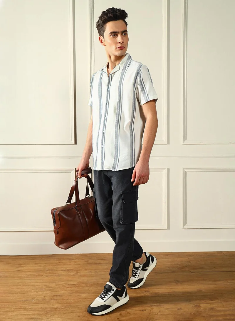 Dennis Lingo Relaxed Fit White Shirt For Men 40X40 Yd Striped Fabric Cuban Collar Half Sleeves Casual