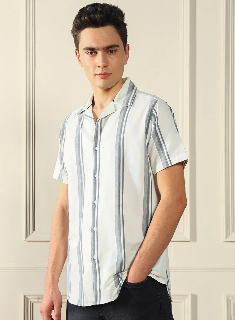 Dennis Lingo Relaxed Fit White Shirt For Men 40X40 Yd Striped Fabric Cuban Collar Half Sleeves Casual