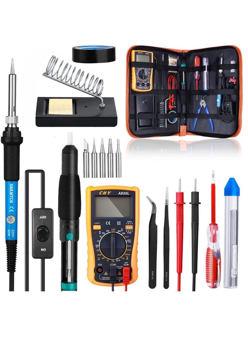 Excefore Soldering Iron Kit, 60W 220V Welding Tool with ON/Off Switch Adjustable Temperature knob(200-450℃), Digital Multimeter, Soldering Iron Tips, Desoldering Pump for Electronics Repairing, Utility Knife - Image 1