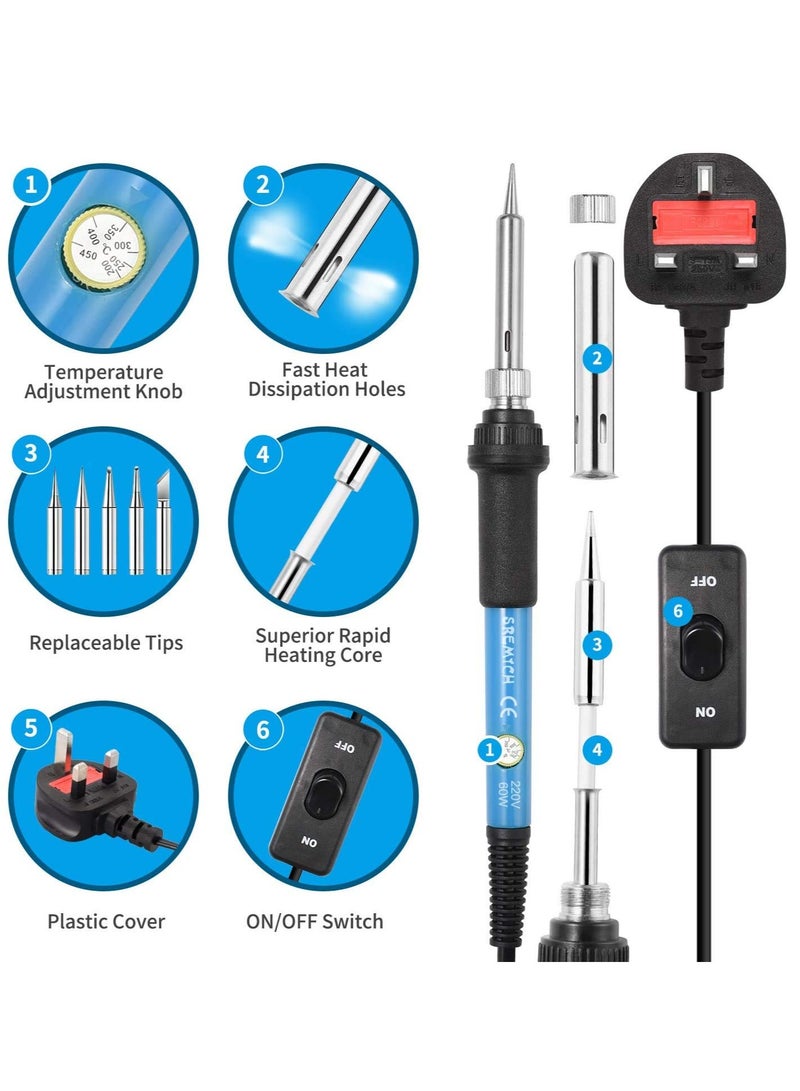 Excefore Soldering Iron Kit, 60W 220V Welding Tool with ON/Off Switch Adjustable Temperature knob(200-450℃), Digital Multimeter, Soldering Iron Tips, Desoldering Pump for Electronics Repairing, Utility Knife - Image 2