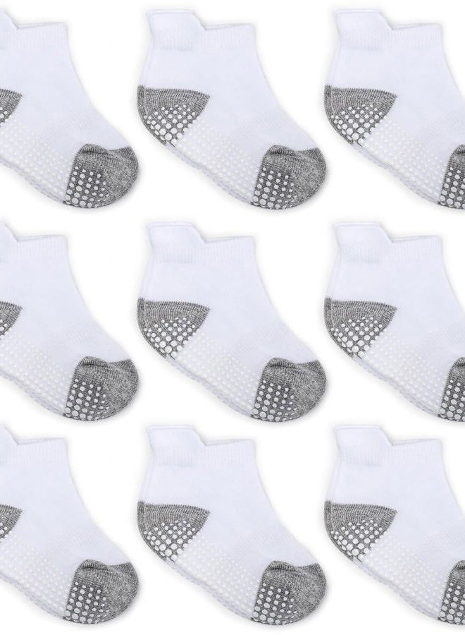 Zaples Baby Non Slip Grip Ankle Socks with Non Skid Soles for Infants Toddlers Kids Boys Girls, White Block - 9 Pairs, 12-3T