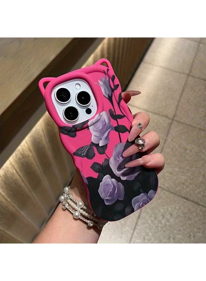 Temu Durable silicone phone case with a pink floral pattern, featuring a cool cat ear design, stylish wavy edges, drop and shock resistant, compatible with iPhone 14 Pro