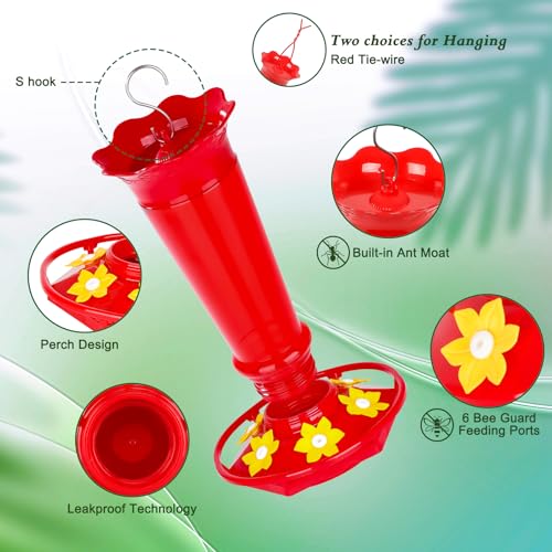 FEED GARDEN 10oz Plastic Hummingbird Feeders for Outdoors - 2 Pack Red, Ant & Bee Proof, 6 Feeding Ports, Easy Clean Red Nectar Feeders for Outside Hanging, Gifts for Christmas, Mom - Image 3