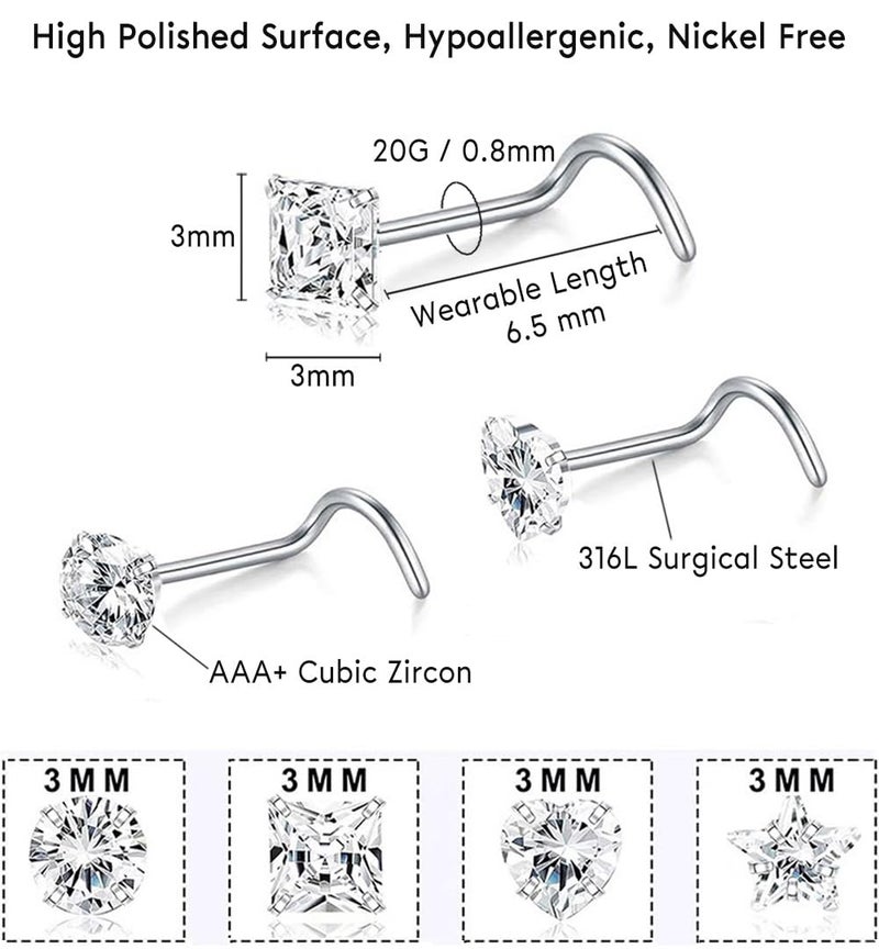 SEEDRILL 8Pcs 20G Nose Rings studs for Woman Hypoallergenic Nose Screw Studs 316L Surgical Steel with Gold Plated Nose Piercings Jewelry 3mm CZ L Shape Nose Ring 20 Gauge Nose Studs Straight Nose Stud - Image 3
