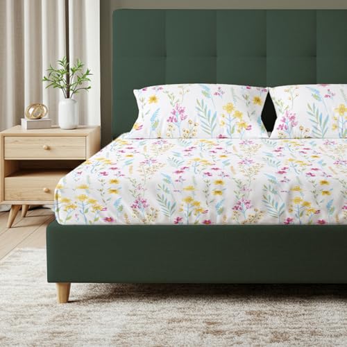 Urban Space Serene 200 Tc Cotton Floral Bedsheet for King Bed, Cotton King Bedsheet with 2 Pillow Covers (Iris Blue, Size 108 X 108 Inches) - Image 1