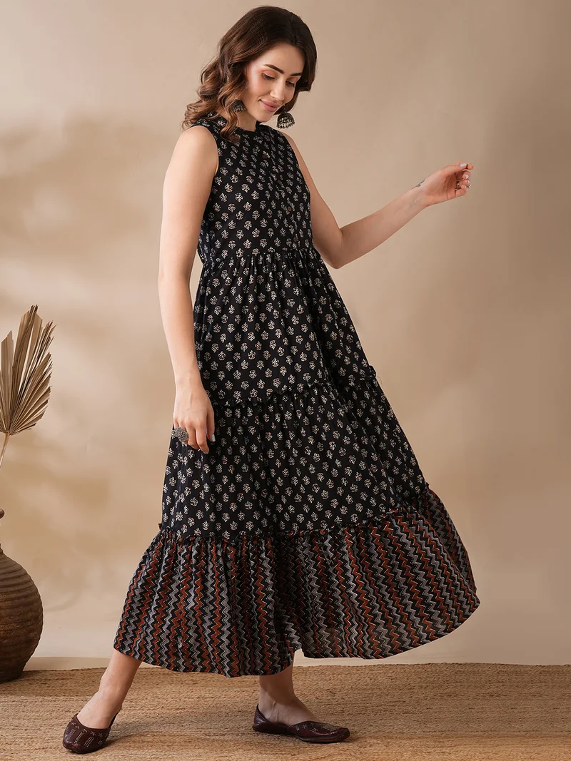 globus Globus Women Floral Block Print Mandarin Collar Tiered Fit & Flare Fusion Maxi Dress