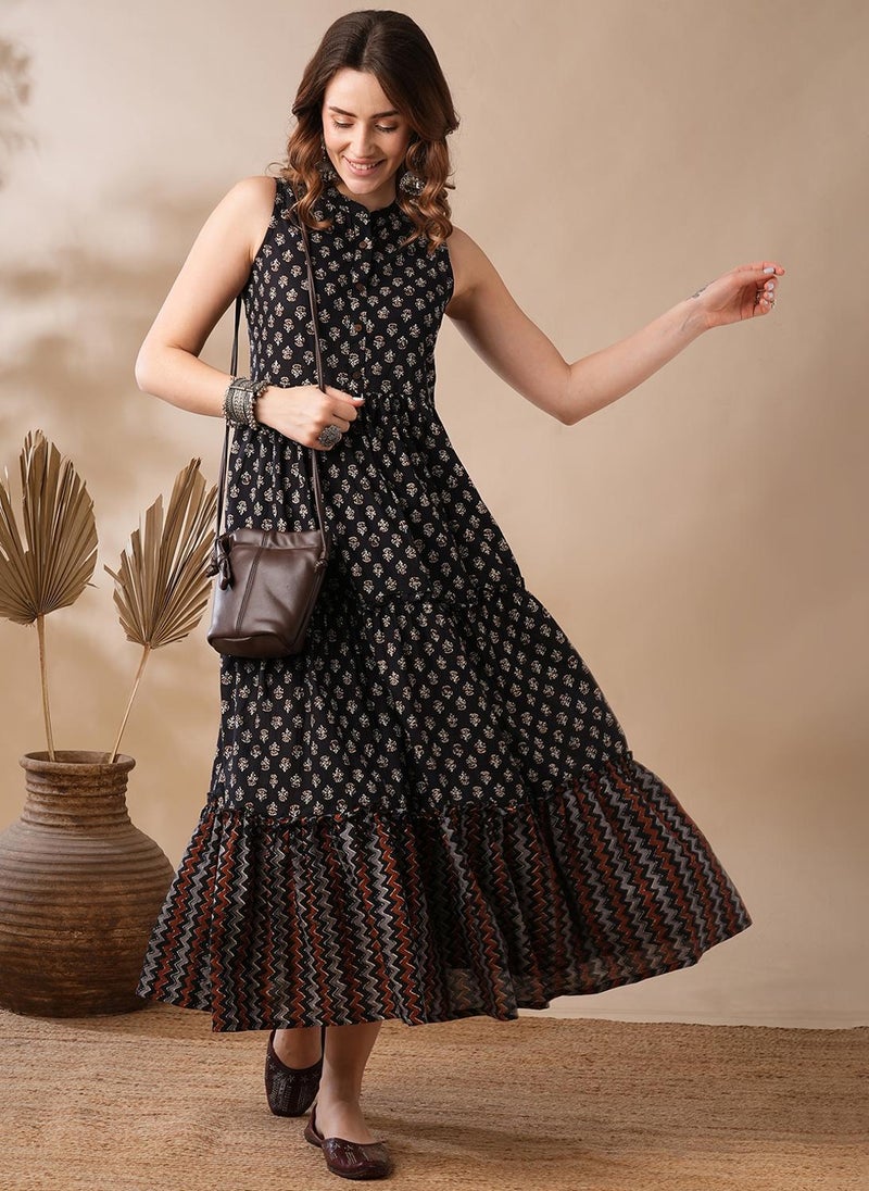 Globus Women's Black Ethnic Block Print Tiered Fit And Flare Maxi Dress with Mandarin Collar - Image 1