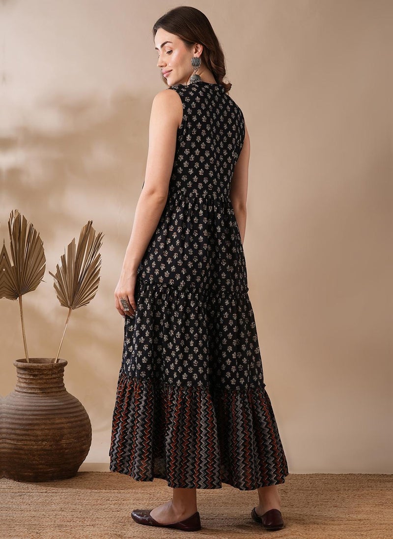 Globus Women's Black Ethnic Block Print Tiered Fit And Flare Maxi Dress with Mandarin Collar - Image 4