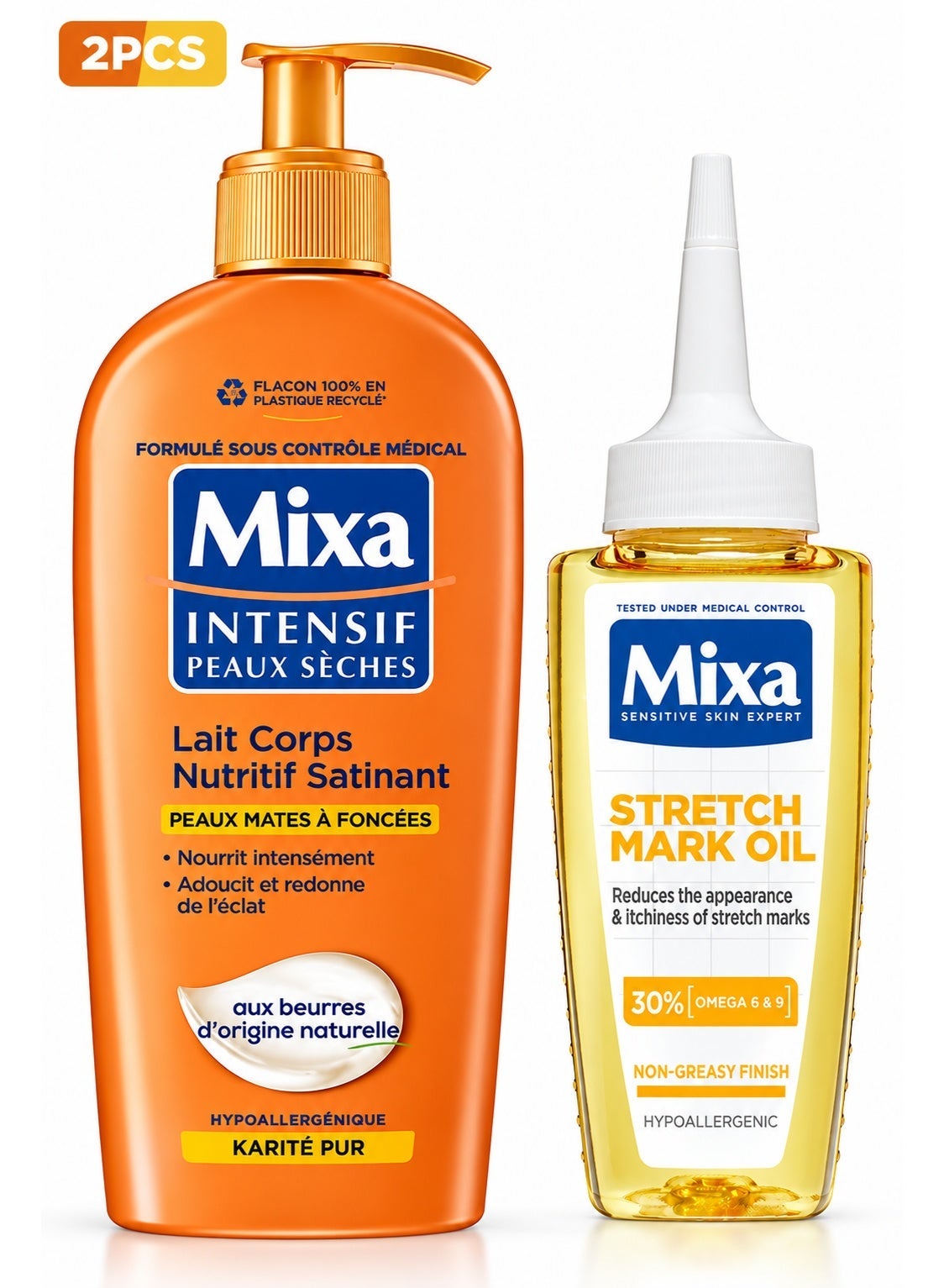 MIXA Body Care Duo Nourishing Satin Body Lotion With Natural Shea Butter Stretch Mark Oil For Reduced Appearance Of Stretch Marks