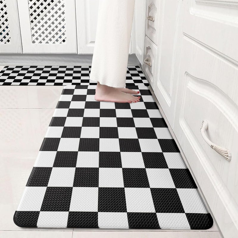 VivaNest Black Checkered Grid Checkerboard Kitchen Rug Sets [2 PCs], Anti-Fatigue, Waterproof Non-Slip Kitchen Mats Heavy Duty Ergonomic Comfort Foam Rug for Floor, Home, Laundry,17"x29"+17"x47" - Image 1