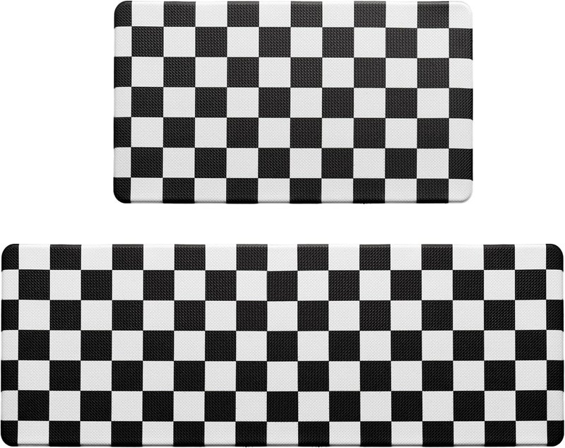 VivaNest Black Checkered Grid Checkerboard Kitchen Rug Sets [2 PCs], Anti-Fatigue, Waterproof Non-Slip Kitchen Mats Heavy Duty Ergonomic Comfort Foam Rug for Floor, Home, Laundry,17"x29"+17"x47" - Image 3