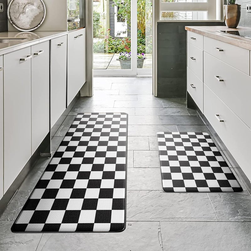 VivaNest Black Checkered Grid Checkerboard Kitchen Rug Sets [2 PCs], Anti-Fatigue, Waterproof Non-Slip Kitchen Mats Heavy Duty Ergonomic Comfort Foam Rug for Floor, Home, Laundry,17"x29"+17"x47" - Image 2