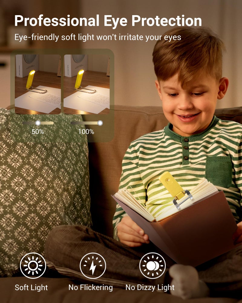 DEWENWILS Rechargeable Book Light for Reading in Bed, Warm White, Brightness Adjustable for Eye Care, LED Clip on Book Lights for Kids, Portable Bookmark Light, Yellow - Image 2