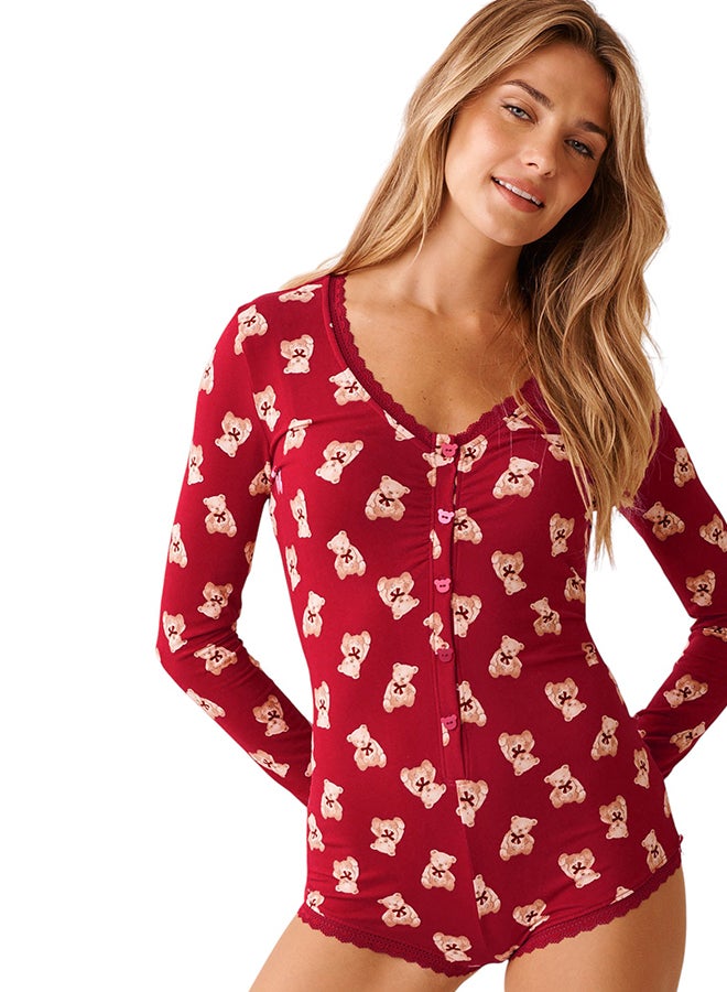 La Vie en Rose Teddy Bear Print Super Soft Long Sleeve Romper - Image 1