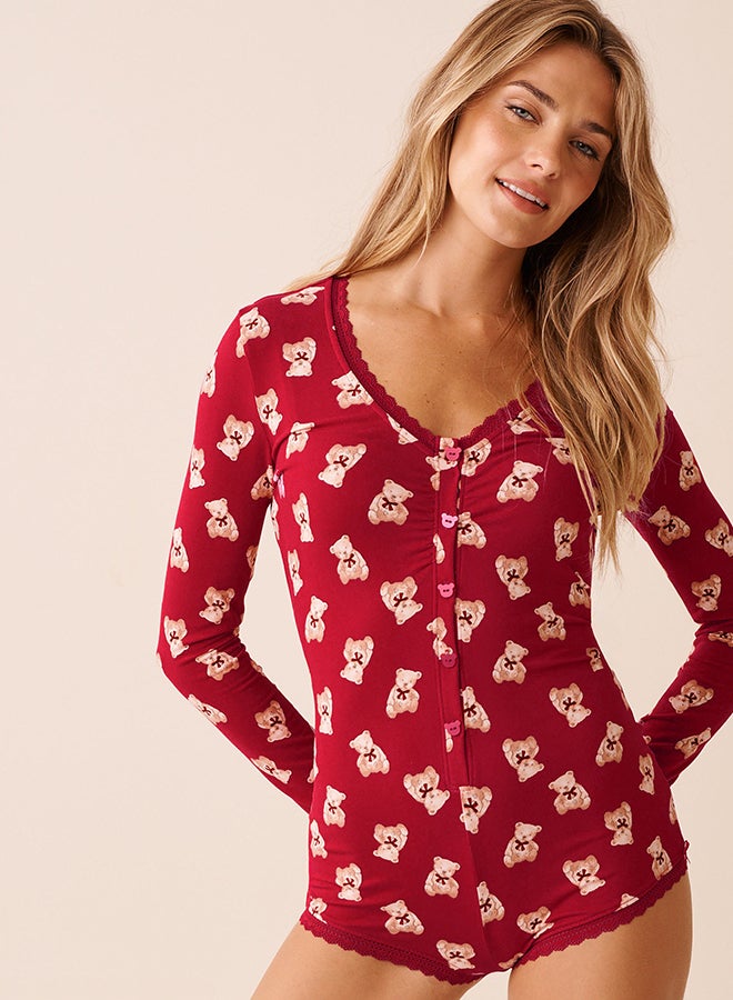 La Vie en Rose Teddy Bear Print Super Soft Long Sleeve Romper - Image 4